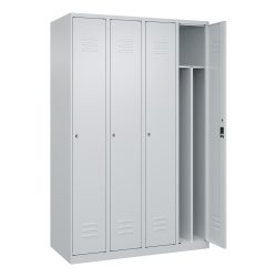 C+P Schwarz-Weiß-Spind Classic PLUS, schmal, 4 Abteile, verkürzte Trennwand mittig, lichtgrau, B 1200 mm, mit Bodengleitern, Zylinderschloss, Trennwand