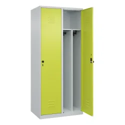 C+P Spind Classic PLUS, 2 Abteile, HxBxT 1.850 x 800 x 500 mm, lichtgrau, clowngrün, für Vorhängeschloss, mit Mitteltrennwand