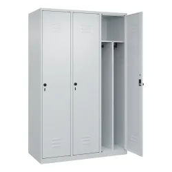 C+P Schwarz-Weiß-Spind Classic PLUS, schmal, 3 Abteile, verkürzte Trennwand mittig, lichtgrau, B 1200 mm, mit Bodengleitern, Drehriegel, Trennwand mittig