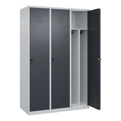 C+P Schwarz-Weiß-Spind Classic PLUS, schmal, 3 Abteile, verkürzte Trennwand mittig, lichtgrau / grau, B 1200 mm, mit Bodengleitern, Drehriegel, Trennwand