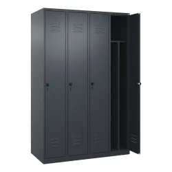 Schwarz-Weiß-Spind Classic PLUS, schmal, 4 Abteile, verkürzte Trennwand mittig, grau, B 1200 mm, mit Bodengleitern, Drehriegel, Trennwand mittig C+P