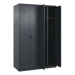 Schwarz-Weiß-Spind Classic PLUS, Trennwand mittig, 2 Abteile, grau, HxB 1850 x 1200 mm, mit Bodengleitern, Drehriegel C+P