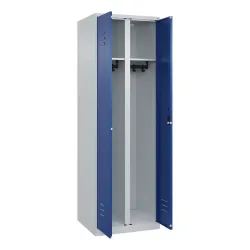 Schwarz-Weiß-Spind Classic PLUS, Trennwand mittig, 1 Abteil, lichtgrau / enzianblau, HxB 1850 x 600 mm, mit Bodengleitern, Zylinderschloss C+P