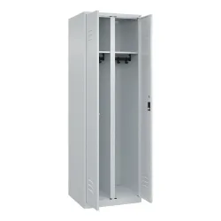 Schwarz-Weiß-Spind Classic PLUS, Trennwand mittig, 1 Abteil, lichtgrau, HxB 1850 x 600 mm, mit Bodengleitern, Zylinderschloss C+P