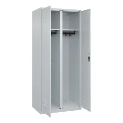 Schwarz-Weiß-Spind Classic PLUS, Trennwand mittig, 1 Abteil, lichtgrau, HxB 1850 x 800 mm, mit Bodengleitern, Zylinderschloss C+P