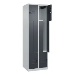 Z-Spind Classic PLUS, 2 Abteile, lichtgrau / grau, B 600 mm, mit Bodengleitern, Drehriegel C+P