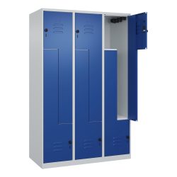 Z-Spind Classic PLUS, 3 Abteile, lichtgrau / enzianblau, B 1200 mm, mit Bodengleitern, Drehriegel C+P