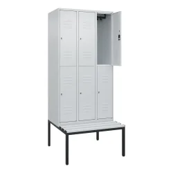C+P Doppelstock-Spind Classic PLUS, 3 Abteile, HxBxT 2.120 x 900 x 815 mm, Zylinderschloss, untergebaute Bank aus Kunststoff, lichtgrau, lichtgrau