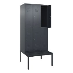 C+P Doppelstock-Spind Classic PLUS, 3 Abteile, HxBxT 2.120 x 900 x 815 mm, Zylinderschloss, untergebaute Bank aus Kunststoff, anthrazitgrau, anthrazitgrau