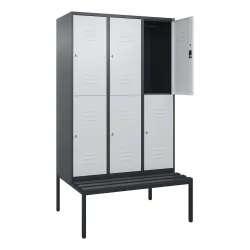 C+P Doppelstock-Spind Classic PLUS, 3 Abteile, HxBxT 2.120 x 1.200 x 815 mm, Zylinderschloss, untergebaute Bank aus Kunststoff, anthrazitgrau, lichtgrau