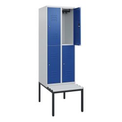 C+P Doppelstock-Spind Classic PLUS, 2 Abteile, HxBxT 1.950 x 600 x 815 mm, Zylinderschloss, untergebaute Bank aus Kunststoff, lichtgrau, enzianblau