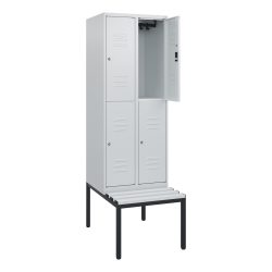 C+P Doppelstock-Spind Classic PLUS, 2 Abteile, HxBxT 1.950 x 600 x 815 mm, Zylinderschloss, untergebaute Bank aus Kunststoff, lichtgrau, lichtgrau