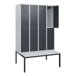 C+P Doppelstock-Spind Classic PLUS, 4 Abteile, HxBxT 1.950 x 1.200 x 815 mm, Zylinderschloss, untergebaute Bank aus Kunststoff, lichtgrau, anthrazitgrau