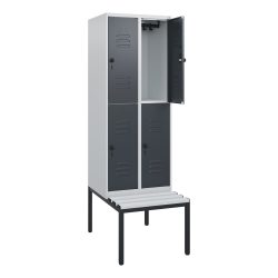 C+P Doppelstock-Spind Classic PLUS, 2 Abteile, HxBxT 1.950 x 600 x 815 mm, für Vorhängeschloss, untergebaute Bank aus Kunststoff, lichtgrau, anthrazitgrau