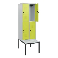 C+P Doppelstock-Spind Classic PLUS, 2 Abteile, HxBxT 1.950 x 600 x 815 mm, für Vorhängeschloss, untergebaute Bank aus Kunststoff, lichtgrau, clowngrün
