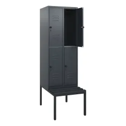 C+P Doppelstock-Spind Classic PLUS, 2 Abteile, HxBxT 1.950 x 600 x 815 mm, für Vorhängeschloss, untergebaute Bank aus Kunststoff, anthrazitgrau, anthrazitgrau
