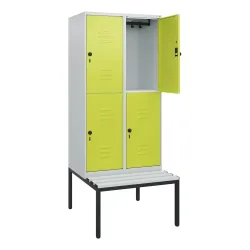 C+P Doppelstock-Spind Classic PLUS, 2 Abteile, HxBxT 1.950 x 800 x 815 mm, für Vorhängeschloss, untergebaute Bank aus Kunststoff, lichtgrau, clowngrün