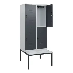 C+P Doppelstock-Spind Classic PLUS, 2 Abteile, HxBxT 1.950 x 800 x 815 mm, für Vorhängeschloss, untergebaute Bank aus Kunststoff, lichtgrau, anthrazitgrau
