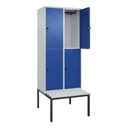 C+P Doppelstock-Spind Classic PLUS, 2 Abteile, HxBxT 2.120 x 800 x 815 mm, für Vorhängeschloss, untergebaute Bank aus Kunststoff, lichtgrau, enzianblau