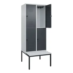 C+P Doppelstock-Spind Classic PLUS, 2 Abteile, HxBxT 2.120 x 800 x 815 mm, für Vorhängeschloss, untergebaute Bank aus Kunststoff, lichtgrau, anthrazitgrau