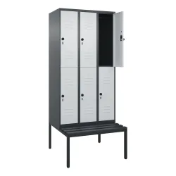 C+P Doppelstock-Spind Classic PLUS, 3 Abteile, HxBxT 2.120 x 900 x 815 mm, für Vorhängeschloss, untergebaute Bank aus Kunststoff, anthrazitgrau, lichtgrau