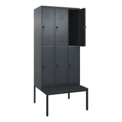 C+P Doppelstock-Spind Classic PLUS, 3 Abteile, HxBxT 2.120 x 900 x 815 mm, für Vorhängeschloss, untergebaute Bank aus Kunststoff, anthrazitgrau, anthrazitgrau