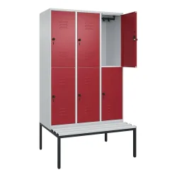 C+P Doppelstock-Spind Classic PLUS, 3 Abteile, HxBxT 2.120 x 1.200 x 815 mm, für Vorhängeschloss, untergebaute Bank aus Kunststoff, lichtgrau, rubinrot