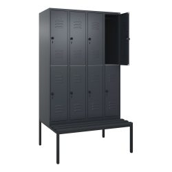 C+P Doppelstock-Spind Classic PLUS, 4 Abteile, HxBxT 2.120 x 1.200 x 815 mm, für Vorhängeschloss, untergebaute Bank aus Kunststoff, anthrazitgrau, anthrazitgrau