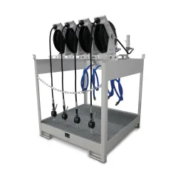 Frischöl-Insel SAMOA 44 DP, für 4 Fässer à 60 l oder 4 Fässer à 200 l, inkl. Auffangwanne, 4 Pneumatikpumpen, 4 offenen Schlauchaufrollern und 4 Füllpistolen mit Elektronikzähler