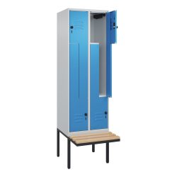 Z-Spind Classic PLUS Sitzbank, 2 Abteile, lichtgrau / lichtblau, B 600 mm, Sicherheits-Drehriegel, auskragend, Buche-Hartholz C+P