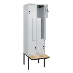 Z-Spind Classic PLUS Sitzbank, 2 Abteile, lichtgrau, B 600 mm, Sicherheits-Drehriegel, auskragend, Buche-Hartholz C+P