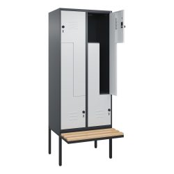 C+P Z-Spind Classic PLUS, 4 Abteile, HxBxT 2.120 x 800 x 815 mm, für Vorhängeschloss, auskragende Bank aus Buche, anthrazitgrau, lichtgrau
