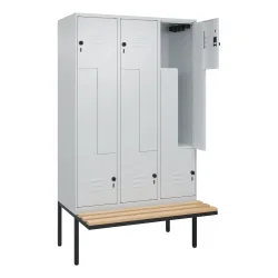 Z-Spind Classic PLUS Sitzbank, 3 Abteile, lichtgrau, B 1200 mm, Sicherheits-Drehriegel, auskragend, Buche-Hartholz C+P