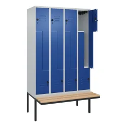 Z-Spind Classic PLUS Sitzbank, 4 Abteile, lichtgrau / enzianblau, B 1200 mm, Sicherheits-Drehriegel, auskragend, Buche-Hartholz C+P