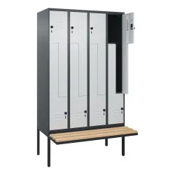 C+P Z-Spind Classic PLUS, 8 Abteile, HxBxT 2.120 x 1.200 x 815 mm, für Vorhängeschloss, auskragende Bank aus Buche, anthrazitgrau, lichtgrau
