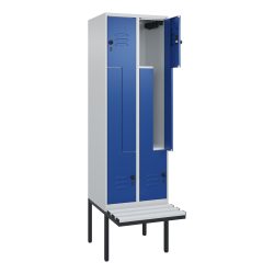 C+P Z-Spind Classic PLUS, 4 Abteile, HxBxT 2.120 x 600 x 815 mm, für Vorhängeschloss, auskragende Bank aus Kunststoff, lichtgrau, enzianblau