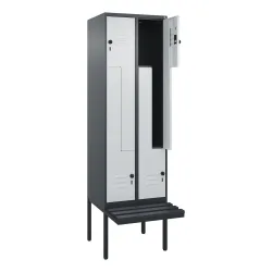 C+P Z-Spind Classic PLUS, 4 Abteile, HxBxT 2.120 x 600 x 815 mm, für Vorhängeschloss, auskragende Bank aus Kunststoff, anthrazitgrau, lichtgrau