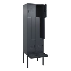 C+P Z-Spind Classic PLUS, 4 Abteile, HxBxT 2.120 x 600 x 815 mm, für Vorhängeschloss, auskragende Bank aus Kunststoff, anthrazitgrau, anthrazitgrau