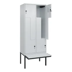 C+P Z-Spind Classic PLUS, 4 Abteile, HxBxT 2.120 x 800 x 815 mm, für Vorhängeschloss, auskragende Bank aus Kunststoff, lichtgrau, lichtgrau