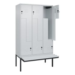 C+P Z-Spind Classic PLUS, 6 Abteile, HxBxT 2.120 x 1.200 x 815 mm, für Vorhängeschloss, auskragende Bank aus Kunststoff, lichtgrau, lichtgrau