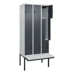 C+P Z-Spind Classic PLUS, 6 Abteile, HxBxT 2.120 x 900 x 815 mm, für Vorhängeschloss, auskragende Bank aus Kunststoff, lichtgrau, anthrazitgrau