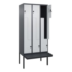 C+P Z-Spind Classic PLUS, 6 Abteile, HxBxT 2.120 x 900 x 815 mm, für Vorhängeschloss, auskragende Bank aus Kunststoff, anthrazitgrau, lichtgrau