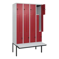 C+P Z-Spind Classic PLUS, 8 Abteile, HxBxT 2.120 x 1.200 x 815 mm, für Vorhängeschloss, auskragende Bank aus Kunststoff, lichtgrau, rubinrot