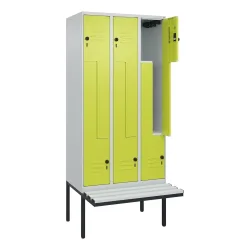 C+P Z-Spind Classic PLUS, 6 Abteile, HxBxT 2.120 x 900 x 815 mm, für Vorhängeschloss, auskragende Bank aus Kunststoff, lichtgrau, clowngrün