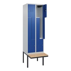 C+P Z-Spind Classic PLUS, 4 Abteile, HxBxT 2.120 x 600 x 815 mm, Zylinderschloss, auskragende Bank aus Buche, lichtgrau, enzianblau