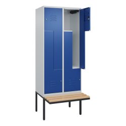 Z-Spind Classic PLUS Sitzbank, 2 Abteile, lichtgrau / enzianblau, B 800 mm, Zylinderschloss, auskragend, Buche-Hartholz C+P