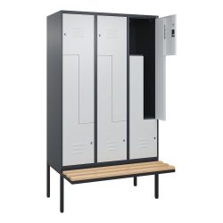 C+P Z-Spind Classic PLUS, 6 Abteile, HxBxT 2.120 x 1.200 x 815 mm, Zylinderschloss, auskragende Bank aus Buche, anthrazitgrau, lichtgrau