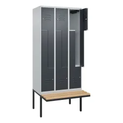 Z-Spind Classic PLUS Sitzbank, 3 Abteile, lichtgrau / grau, B 900 mm, Zylinderschloss, auskragend, Buche-Hartholz C+P