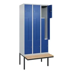 Z-Spind Classic PLUS Sitzbank, 3 Abteile, lichtgrau / enzianblau, B 900 mm, Zylinderschloss, auskragend, Buche-Hartholz C+P