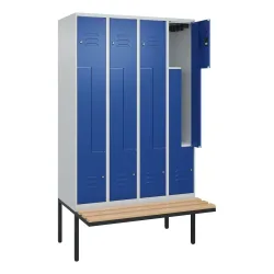 C+P Z-Spind Classic PLUS, 8 Abteile, HxBxT 2.120 x 1.200 x 815 mm, Zylinderschloss, auskragende Bank aus Buche, lichtgrau, enzianblau